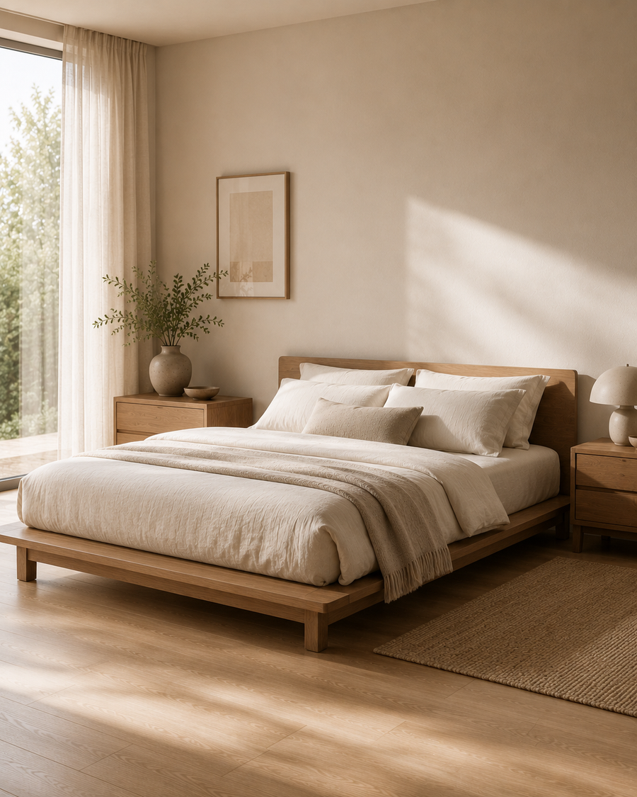 Low solid wood platform bed in a minimal bedroom